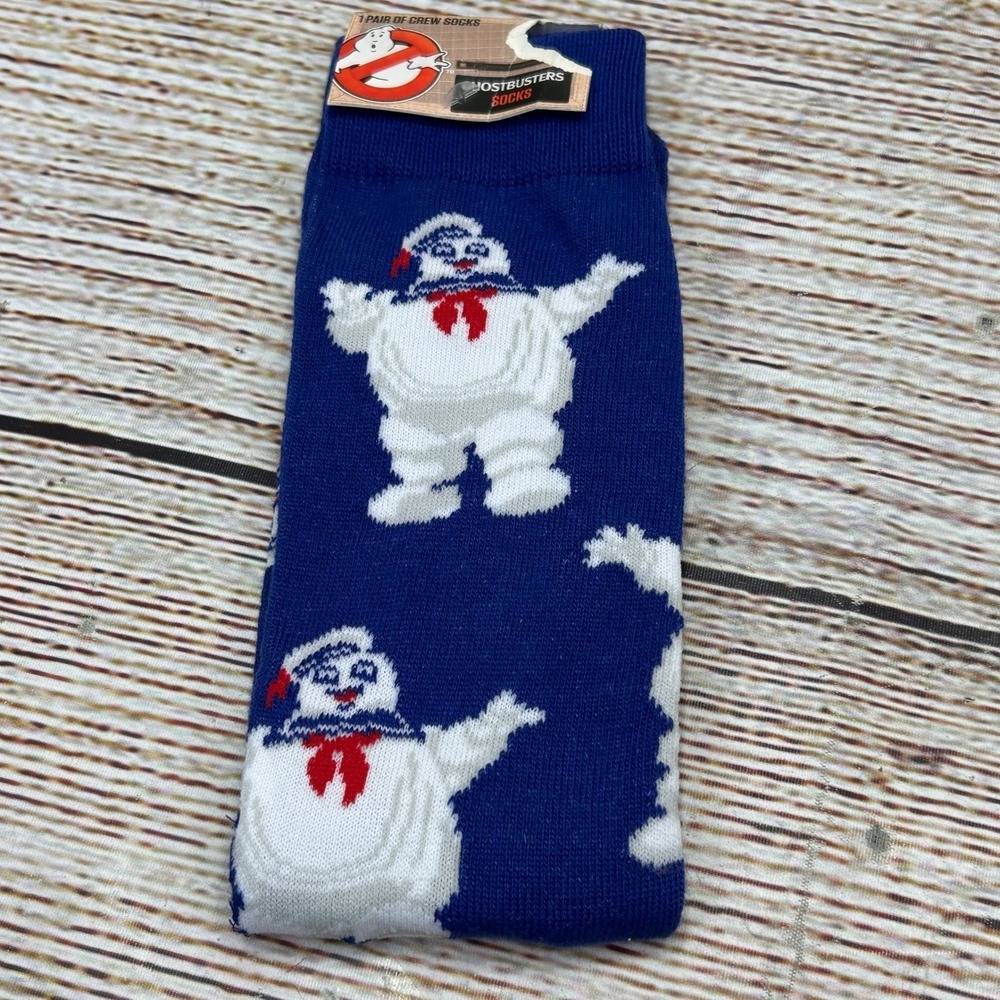 Ghostbusters Stay Puft Marshmallow Man Crew Socks Blue Mens Shoe Size 6-12 NEW